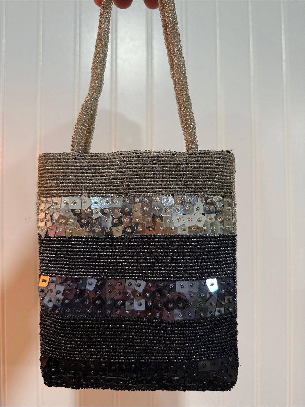 Beaded Black and Silver Evening Bag with Sequin Stripes